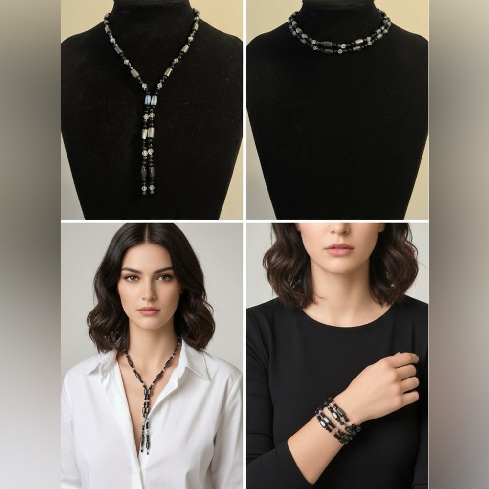 ⚜️3 for $30⚜️Vintage Hematite Magnetic Wrap Necklace White Black Crystal **Flaw